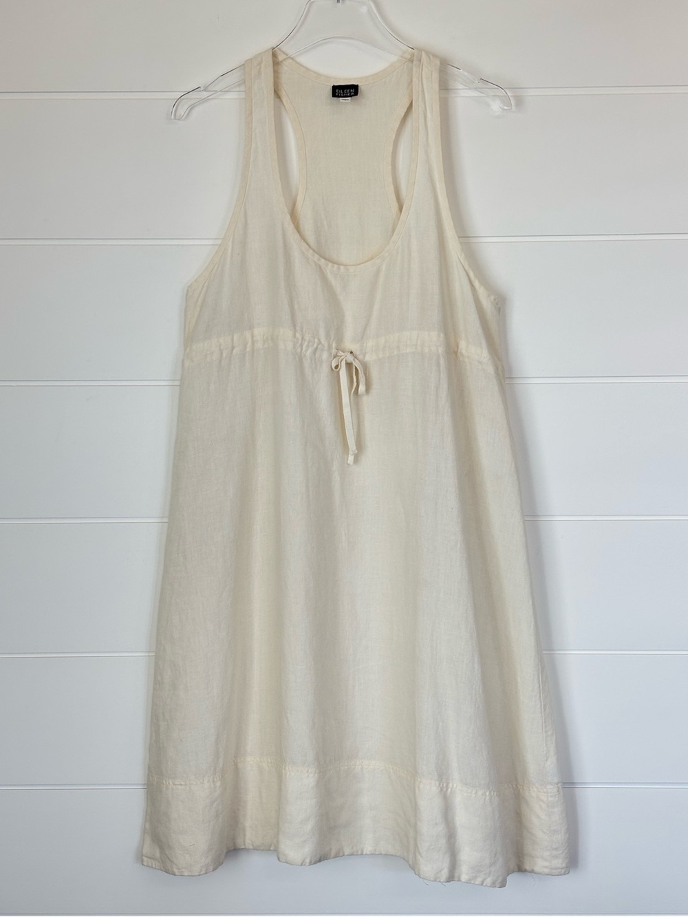 Eileen Fisher Ivory Cream Linen Drawstring Racerback Tank Dress Size Small